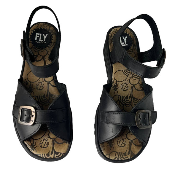 FLY LONDON EMITFLY WEDGE SANDALS IN BLACK LEATHER WOMEN SIZE EU39/US9 - Picture 5 of 10